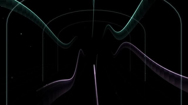 Glowing teal and purple waves flow through a dark futuristic corridor flowing corridor luminescent abstract shapes curves sinuous motion movement seamless looping digital