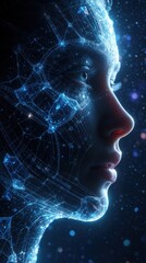 Fototapeta premium Futuristic digital portrait of young woman face with glowing blue neural network. Cybernetic skin features complex data mesh, glowing lines. Human consciousness connects with artificial intelligence