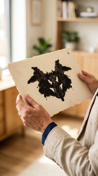 Close-up of a psychologist's hands holding a classic Rorschach abstract inkblot test card