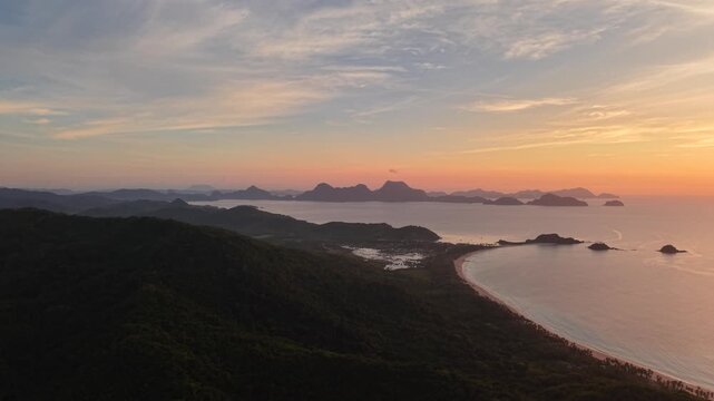 El Nido, Nacpan, Sunset in motion feel, Philippines. Aerial View. Video