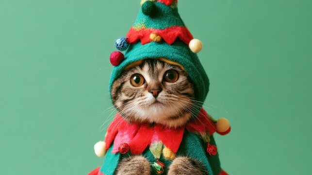 Adorable tabby kitten dressed in colorful festive elf costume with pom poms looking at camera on green background