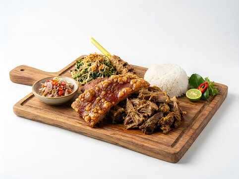 Balinese Babi Guling Platter with Crispy Crackling Pork Steamed Rice and Sambal Matah on Wooden Board Isolated on White Background
