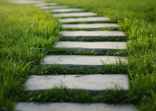 Stone path and green grass in a public park.