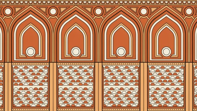 Seamless pattern with traditional islamic arches and geometric mosaic tiles in terracotta and cream colors