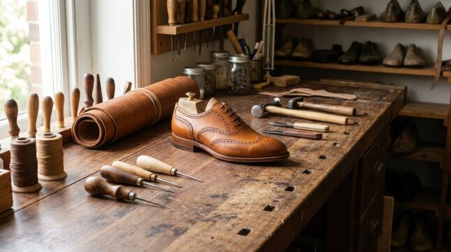 Leather brogue dress shoe on wooden workbench in traditional shoemaker workshop with hand tools. Rolled leather, awls and hammer around footwear. Handmade craftsmanship and artisan trade.