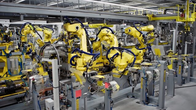 View of the robotic assembly line with yellow industrial robots working on car parts at Auto Industriale Bergamasca S.p.A. in Dalmine, Lombardia, Italy.