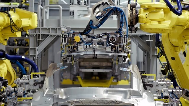 View of industrial robotic arms performing precision assembly on a metallic car chassis in a modern manufacturing facility at Auto Industriale Bergamasca S.p.A. Dalmine, Lombardia, Italy.