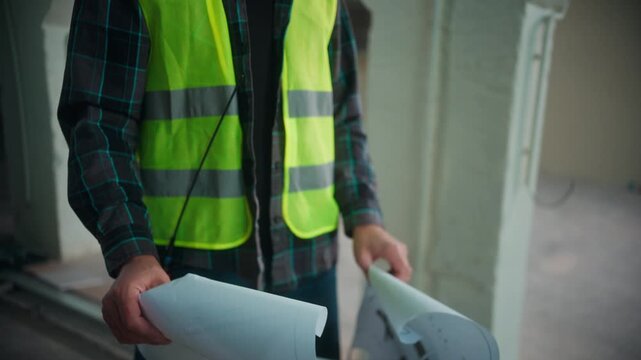 Serious Caucasian contractor man in uniform studying blueprint at construction site male architect builder in helmet holding draft engineer foreman supervising industrial project structure inspection