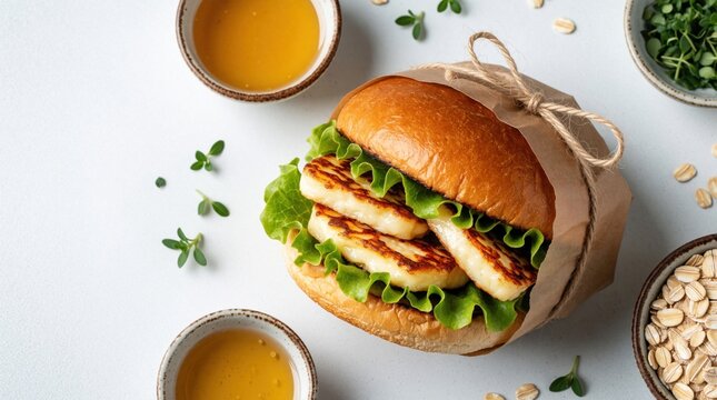 Top view of delicious homemade veggie burger with grilled halloumi cheese, fresh green lettuce. Tasty sandwich wrapped in brown paper with twine. Side bowls with honey, oats on white table for