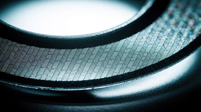 Macro shot of tamper evident security seal with complex pattern. Close up view shows metallic texture, intricate details on circular sticker. Protection label ensures product authenticity, quality