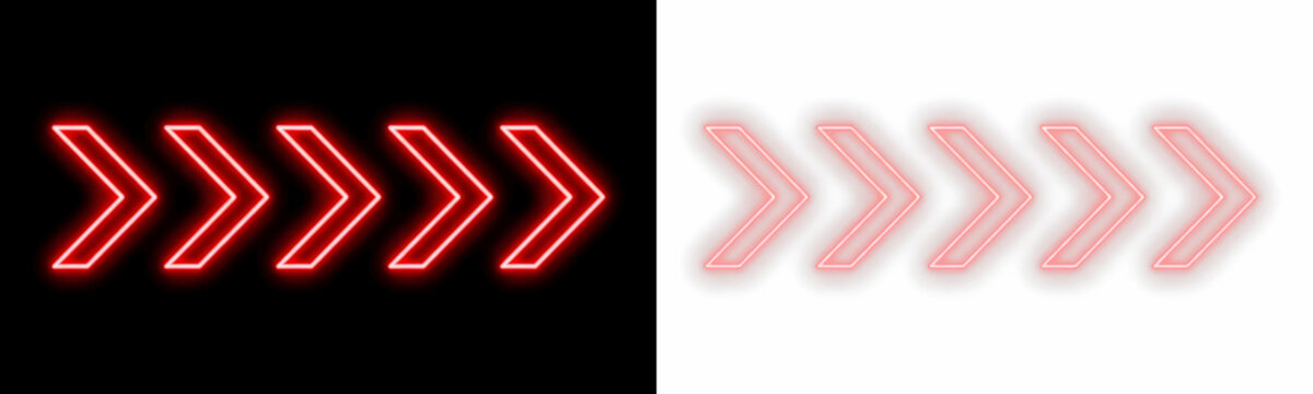 Neon red glowing arrows pointing right on black and transparent background