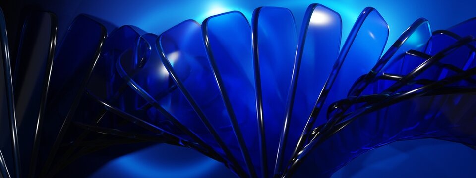 Abstract ultrawide dark background with twisted blue glass panels and glowing cyan gradient