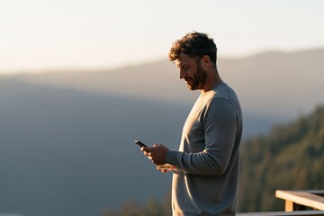 Fototapeta premium Man checking smartphone on balcony at sunset with mountain view for travel lifestyle background and mobile communication banner