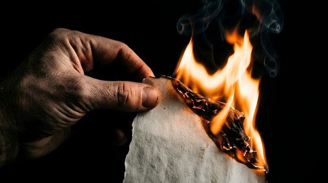 Hand holding a piece of burning paper isolated against a dark black