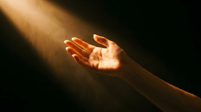 Human hand reaching into a warm beam of light against a dark