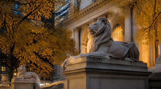 Majestic stone lion sculpture bathed in golden light urban setting classical architecture autumnal trees realistic portrait orientation shot of t