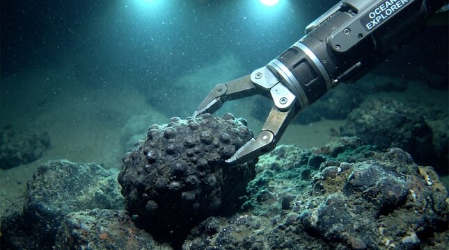 Close up of a robotic arm gripping a large polymetallic nodule on the seafloor. Deep sea mining and ocean exploration with ROV technology. Underwater mineral extraction