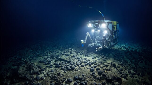 Remotely operated vehicle exploring a field of polymetallic nodules on the deep ocean floor. Underwater ROV conducting marine research and deep sea mining survey