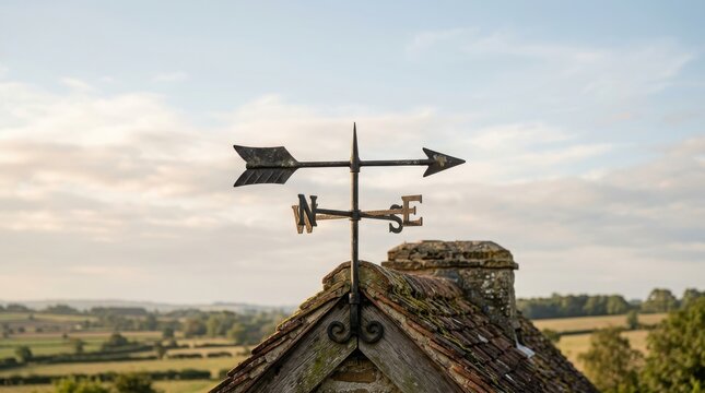 Arrow weathervane on mossy tiled roof of old stone cottage against cloudy sky. Rustic house rooftop with compass direction letters. Weather vane close-up. Countryside landscape.