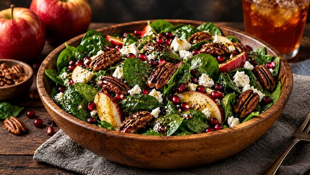 Autumn harvest salad with pecans pomegranate and goat cheese in