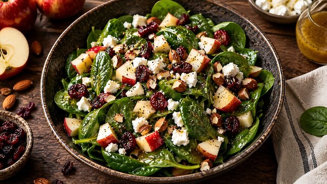 Fresh autumnal salad with apples cranberries and almonds in rustic