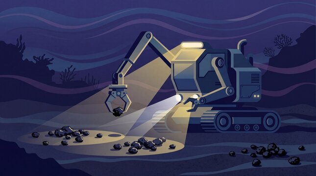 Flat vector illustration of an underwater robotic rover collecting mineral nodules. Deep sea mining machine operating on the dark ocean floor
