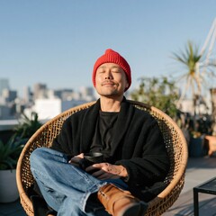 Fototapeta premium Outdoor terrace portrait of a red beanie man enjoying morning coffee in a wicker chair for relaxation background and lifestyle banner