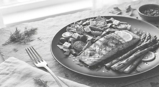 Grilled fish dish with vegetables served on plate for restaurant menu