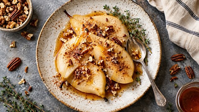 Baked pear dessert with pecan topping on rustic plate for autumn