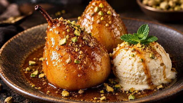 Caramelized pear dessert paired with pistachio ice cream on dark plate