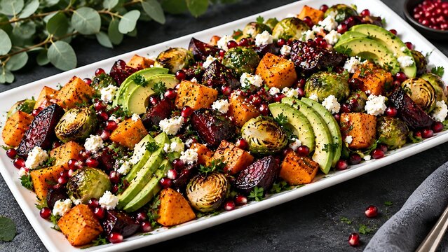 Healthy roasted vegetable salad with avocado and pomegranate seeds on