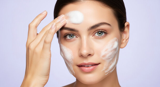 Woman applying cleansing foam on her face, symbolizing facial care, hygiene, and skin rejuvenation.