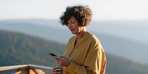 Fototapeta premium Middle aged woman on mountain terrace checking phone with tea cup for wellness background and social media banner design
