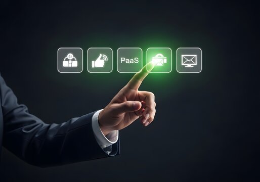 Businessman pointing at illuminated virtual icons and paas platform button on dark background