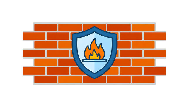 Orange brick wall firewall with blue protective shield and flame icon represents network security barrier.