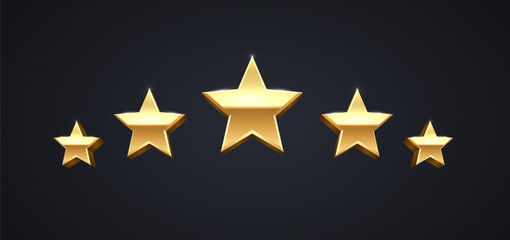 Fototapeta premium 5 gold stars rating. Premium 3D golden metallic stars in an arc shape on dark background. Customer review quality concept vector illustration.