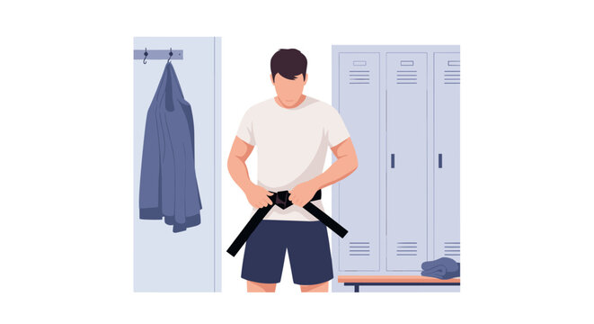 Martial arts athlete vector illustration tying black belt in gym locker room before judo karate training session, flat minimal design style for sports poster.