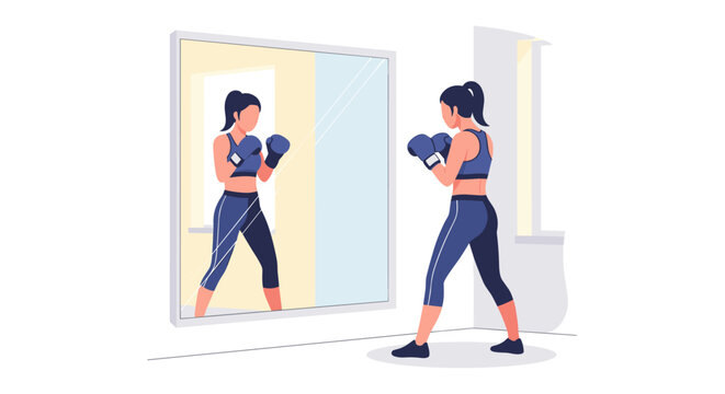 Flat Vector Illustration of a Woman Training Boxing in Front of a Mirror, Minimalist Female Boxer Character Shadowboxing for Fitness and Martial Arts Theme