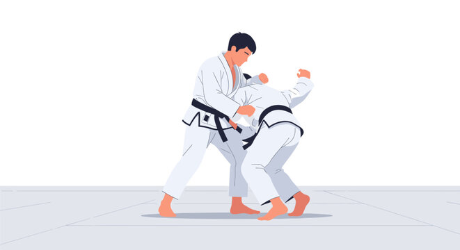 Martial Arts Vector Illustration Featuring Two Athletes Practicing Judo Sparring and Grappling Techniques in Flat Minimalist Design Style for Sports Media.