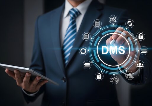 Businessman in suit touching digital dms document management system interface with tablet computer