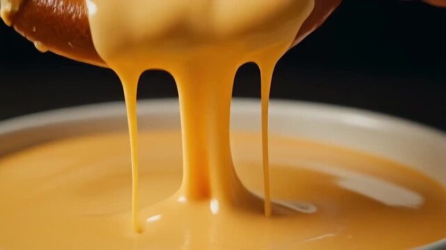Closeup video of pretzel bread being dipped into creamy cheese sauce, sauce stretching and dripping naturally with extreme detail on bread texture