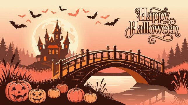 Happy halloween greeting card with haunted castle and pumpkins by the bridge
