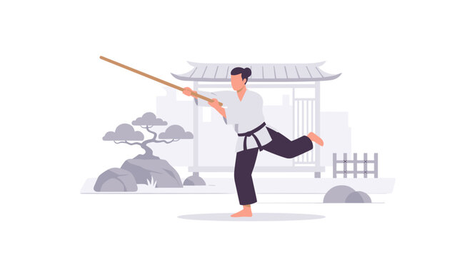 Flat minimal vector illustration of a martial arts master training with a long staff in front of a traditional temple building and bonsai tree scenery.