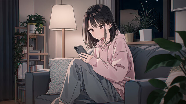 夜の部屋で寂しそうにスマートフォンを見る若い女性のアニメ風イラスト