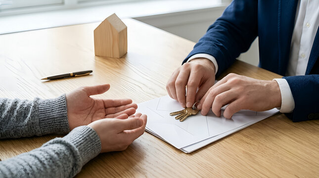 Real Estate Agent Handing House Keys to New Homeowner Across Desk
