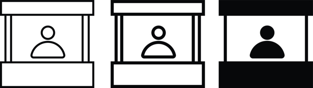 Information booth counter icon set vector with person silhouette. Reception desk and ticket window symbol customer service desk concept. Black solid and outline kiosk 
