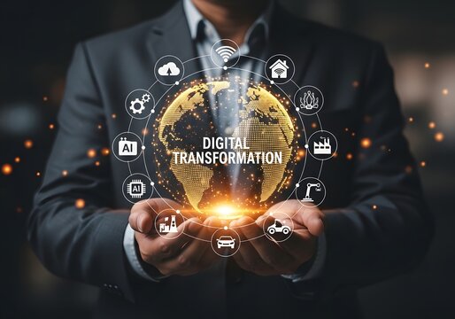 Businessman holding a glowing digital globe showing a digital transformation concept with icons