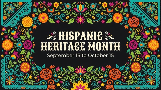 Hispanic Heritage Month Banner from September 15 to October 15 with Colorful Floral Folk Art Pattern