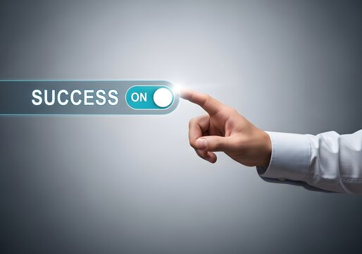 Businessman hand pushing a glowing interface toggle switch turning success on in dark background