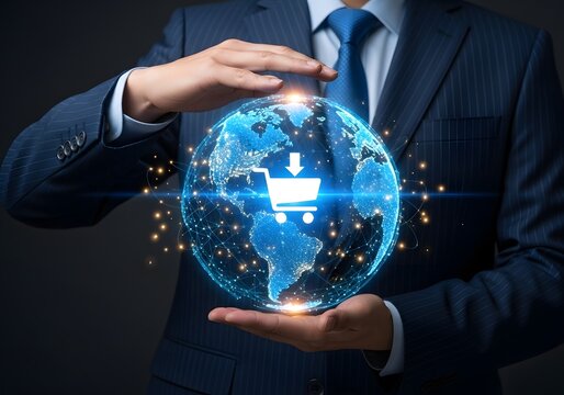 Businessman holding a glowing digital globe with a shopping cart icon representing global ecommerce